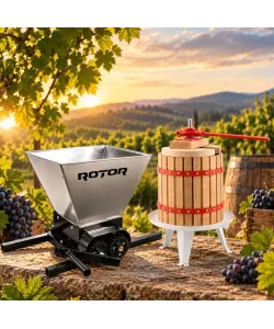 Pachet Teasc Presa Struguri si Fructe ROTOR FP-6, 6 L, lemn masiv de stejar + Zdrobitor Struguri Manual ROTOR HGP-50S, cuva 28L inox