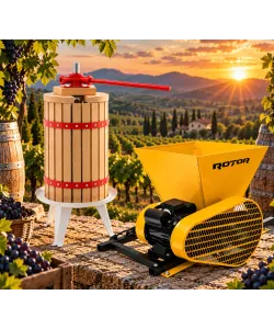 Pachet Teasc Presa Struguri si Fructe ROTOR FP-12, 12 L, lemn masiv de stejar + Zdrobitor Struguri Electric ROTOR HGP-60, 750W, cuva 28L