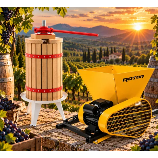 Pachet Teasc Presa Struguri si Fructe ROTOR FP-12, 12 L, lemn masiv de stejar + Zdrobitor Struguri Electric ROTOR HGP-60, 750W, cuva 28L