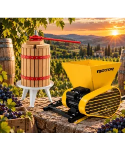 Pachet Teasc Presa Struguri si Fructe ROTOR FP-18, 18 L, lemn masiv de stejar + Zdrobitor Struguri Electric ROTOR HGP-60, 750W, cuva 28L