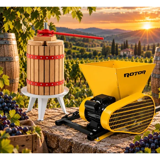 Pachet Teasc Presa Struguri si Fructe ROTOR FP-18, 18 L, lemn masiv de stejar + Zdrobitor Struguri Electric ROTOR HGP-60, 750W, cuva 28L