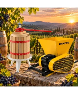 Pachet Teasc Presa Struguri si Fructe ROTOR FP-6, 6 L, lemn masiv de stejar + Zdrobitor Struguri Electric ROTOR HGP-60, 750W, cuva 28L
