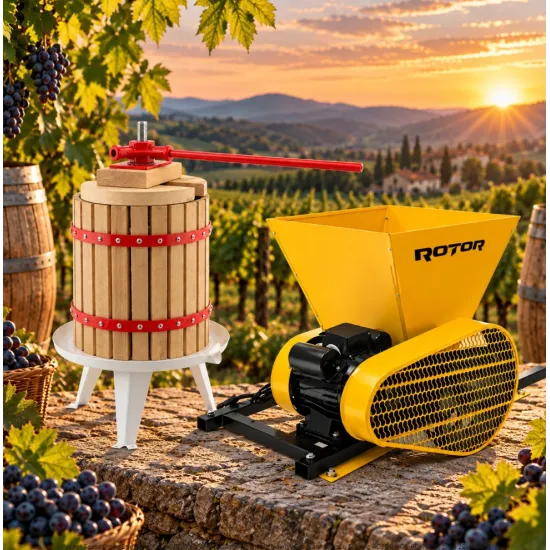 Pachet Teasc Presa Struguri si Fructe ROTOR FP-6, 6 L, lemn masiv de stejar + Zdrobitor Struguri Electric ROTOR HGP-60, 750W, cuva 28L
