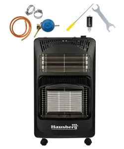Pachet Soba pe gaz GPL (butelie) si electric Hausberg HB-1020NG, aprindere piezo-electrica, 4.2kW, Negru, Ceas butelie, 1m furtun gaz MN2015 si 2 coliere furtun 