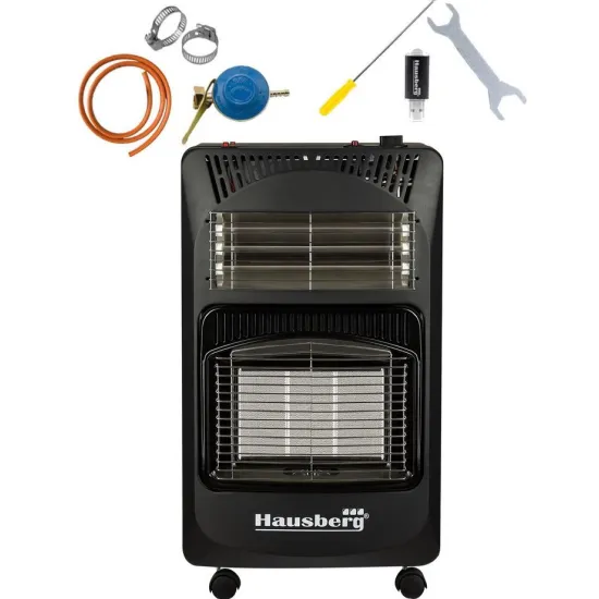 Pachet Soba pe gaz GPL (butelie) si electric Hausberg HB-1020NG, aprindere piezo-electrica, 4.2kW, Negru, Ceas butelie, 1m furtun gaz MN2015 si 2 coliere furtun