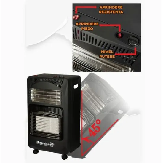 Pachet Soba pe gaz GPL (butelie) si electric Hausberg HB-1020NG, aprindere piezo-electrica, 4.2kW, Negru, Ceas butelie, 1m furtun gaz MN2015 si 2 coliere furtun