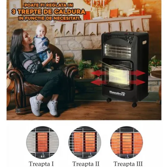 Pachet Soba pe gaz GPL (butelie) si electric Hausberg HB-1020NG, aprindere piezo-electrica, 4.2kW, Negru, Ceas butelie, 1m furtun gaz MN2015 si 2 coliere furtun