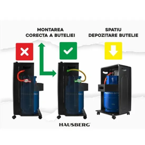 Pachet Soba pe gaz GPL (butelie) si electric Hausberg HB-1020NG, aprindere piezo-electrica, 4.2kW, Negru, Ceas butelie, 1m furtun gaz MN2015 si 2 coliere furtun