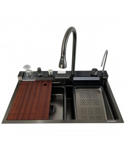 Set chiuveta multifunctionala HAUSBERG  din otel inoxidabil, baterie dubla, cuva perforata fructe/legume, cuva universala cu dop scurgere, tocator, 750x460x220 mm, accesorii incluse, Negru