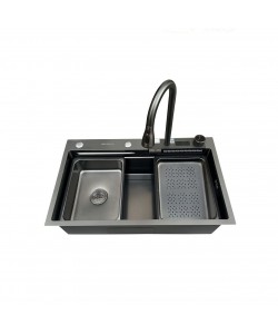 Set chiuveta multifunctionala HAUSBERG  din otel inoxidabil, baterie dubla, cuva perforata fructe/legume, cuva universala cu dop scurgere, tocator, 750x460x220 mm, accesorii incluse, Negru