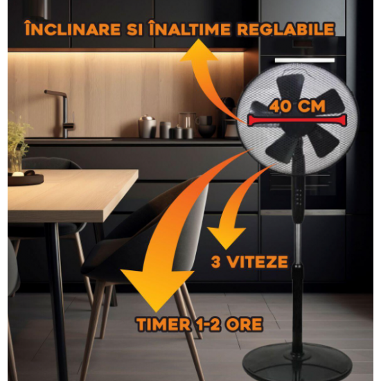 Ventilator cu picior Hausberg HB5200 Speed, 40 cm, 3 viteze,timer 1-2 ore
