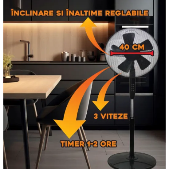 Ventilator cu picior Hausberg HB5200 Speed, 40 cm, 3 viteze,timer 1-2 ore