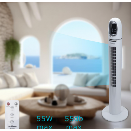 Ventilator Turn Digital cu Telecomanda HAUSBERG HB-5958AB, 55W, 45 Inch, LED, Temporizator, Oscilatie, Maner de transport, Alb