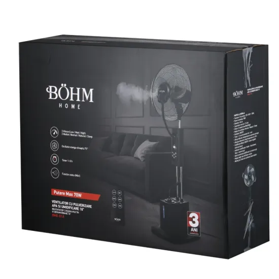 Ventilator cu pulverizare apă și umidificare 16" BÖHM BME-01A, 70W, 3 trepte de viteză, 3 moduri ventilare