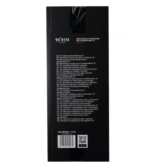 Ventilator cu pulverizare apă și umidificare 16" BÖHM BME-01A, 70W, 3 trepte de viteză, 3 moduri ventilare
