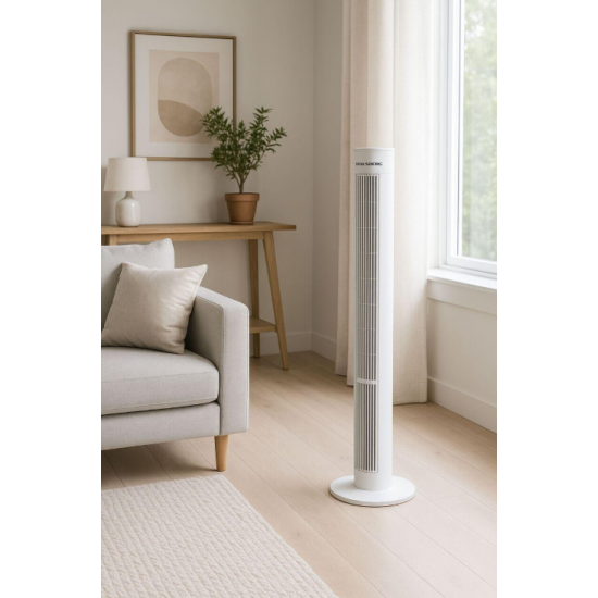 Ventilator Turn cu Telecomanda HAUSBERG HB-5952AB, 55W, 3 Viteze, 38 inch, LED, Temporizator, Oscilatie, Maner transport, Alb