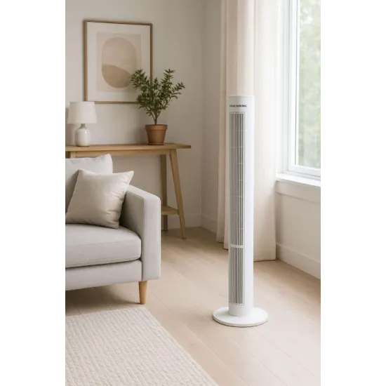 Ventilator Turn cu Telecomanda HAUSBERG HB-5952AB, 55W, 3 Viteze, 38 inch, LED, Temporizator, Oscilatie, Maner transport, Alb