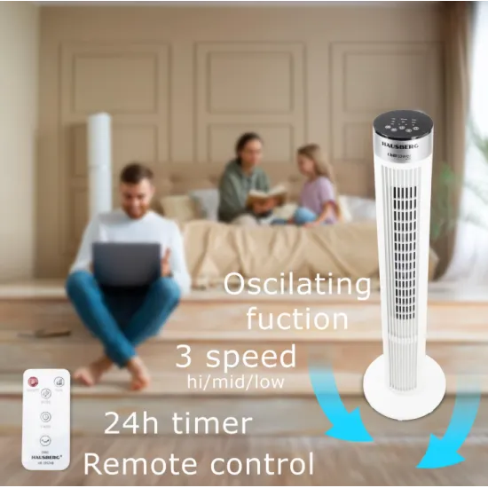 Ventilator Turn cu Telecomanda HAUSBERG HB-5952AB, 55W, 3 Viteze, 38 inch, LED, Temporizator, Oscilatie, Maner transport, Alb