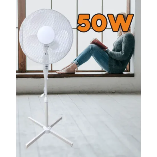 Ventilator cu picior ,50w, 3 viteze, inaltime reglabila, Alb