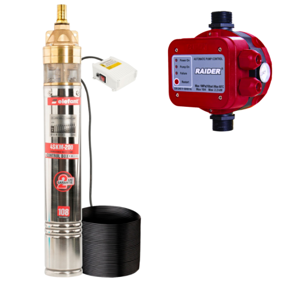 Pachet hidrofor - Pompa submersibila ELEFANT 4SKM200, 1500 W, debit 41 l/min, refulare 80 m + Presostat electronic 2.2kW
