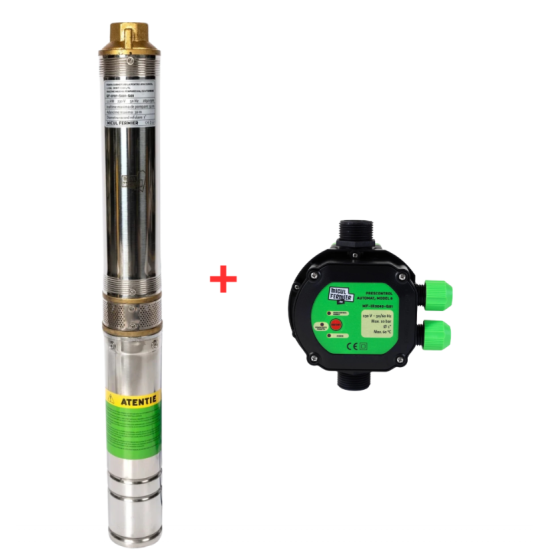 Pachet hidrofor - Pompa submersibila 8 turbine Micul Fermier, putere 1.1 kW, debit 3900 l/h, inaltime maxima 51 m + Presostat electronic 2.2kW