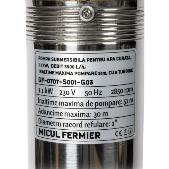 Pachet hidrofor - Pompa submersibila 8 turbine Micul Fermier, putere 1.1 kW, debit 3900 l/h, inaltime maxima 51 m + Presostat electronic 2.2kW
