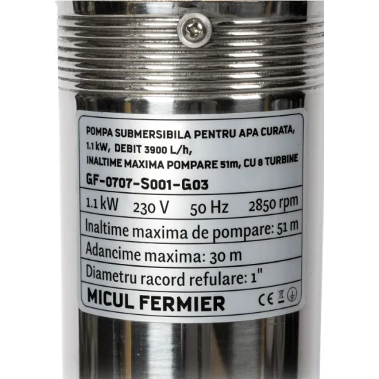 Pachet hidrofor - Pompa submersibila 8 turbine Micul Fermier, putere 1.1 kW, debit 3900 l/h, inaltime maxima 51 m + Presostat electronic 2.2kW