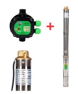 Pachet hidrofor - Pompa submersibila, Diametru pompa 77mm, 0.75KW, debit 3600l/h, inaltime maxima 80m, 17 turbine + Prescontrol automat Micul Fermier, racord 1 Tol, 1.5 kW