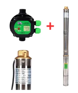 Pachet hidrofor - Pompa submersibila, Diametru pompa 77mm, 0.75KW, debit 3600l/h, inaltime maxima 80m, 17 turbine + Prescontrol automat Micul Fermier, racord 1 Tol, 1.5 kW