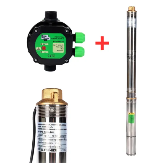 Pachet hidrofor - Pompa submersibila, Diametru pompa 77mm, 0.75KW, debit 3600l/h, inaltime maxima 80m, 17 turbine + Prescontrol automat Micul Fermier, racord 1 Tol, 1.5 kW