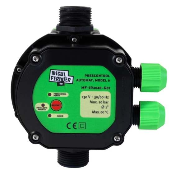 Pachet hidrofor - Pompa submersibila, Diametru pompa 77mm, 0.75KW, debit 3600l/h, inaltime maxima 80m, 17 turbine + Prescontrol automat Micul Fermier, racord 1 Tol, 1.5 kW
