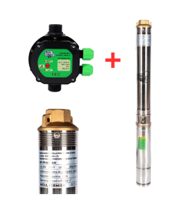 Pachet hidrofor - Pompa submersibila diametru 77mm, Micul Fermier, 24 turbine, 0.75KW, diametru pompa 77mm, debit 3600l/h, inaltime maxima 110m + Prescontrol automat Micul Fermier, racord 1 Tol, 1.5 k