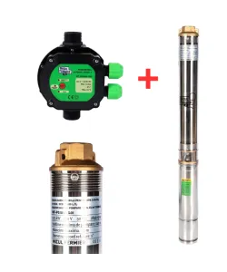 Pachet hidrofor - Pompa submersibila diametru 77mm, Micul Fermier, 24 turbine, 0.75KW, diametru pompa 77mm, debit 3600l/h, inaltime maxima 110m + Prescontrol automat Micul Fermier, racord 1 Tol, 1.5 k