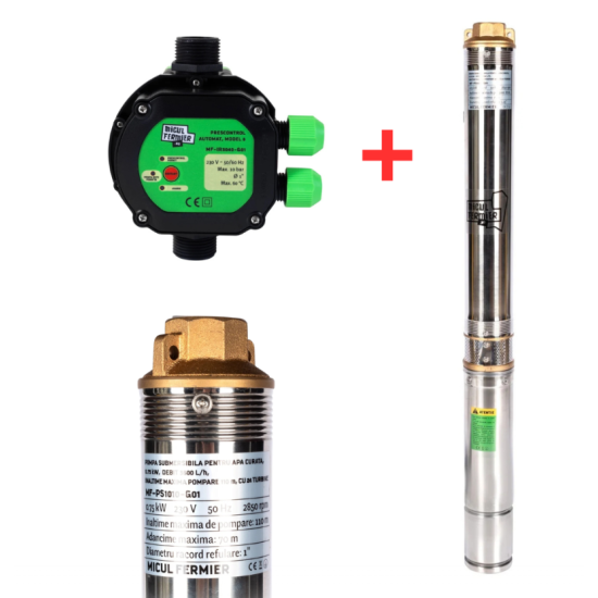 Pachet hidrofor - Pompa submersibila diametru 77mm, Micul Fermier, 24 turbine, 0.75KW, diametru pompa 77mm, debit 3600l/h, inaltime maxima 110m + Prescontrol automat Micul Fermier, racord 1 Tol, 1.5 k