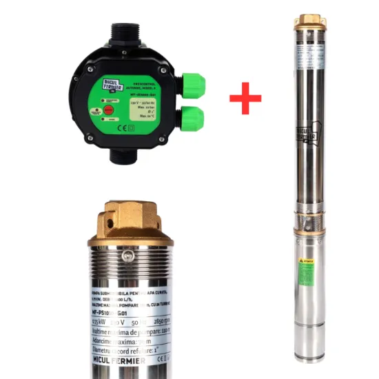 Pachet hidrofor - Pompa submersibila diametru 77mm, Micul Fermier, 24 turbine, 0.75KW, diametru pompa 77mm, debit 3600l/h, inaltime maxima 110m + Prescontrol automat Micul Fermier, racord 1 Tol, 1.5 k