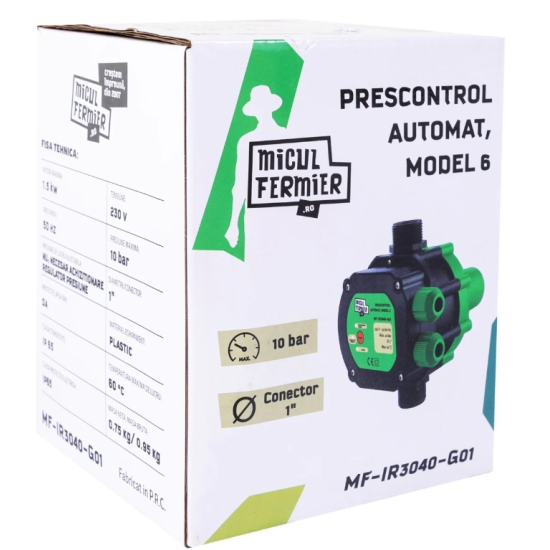 Pachet hidrofor - Pompa submersibila diametru 77mm, Micul Fermier, 24 turbine, 0.75KW, diametru pompa 77mm, debit 3600l/h, inaltime maxima 110m + Prescontrol automat Micul Fermier, racord 1 Tol, 1.5 k