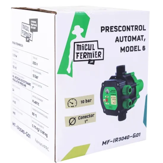 Pachet hidrofor - Pompa submersibila diametru 77mm, Micul Fermier, 24 turbine, 0.75KW, diametru pompa 77mm, debit 3600l/h, inaltime maxima 110m + Prescontrol automat Micul Fermier, racord 1 Tol, 1.5 k
