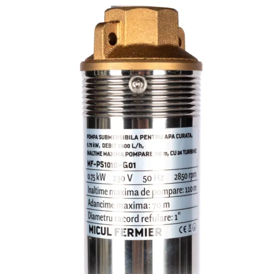 Pachet hidrofor - Pompa submersibila diametru 77mm, Micul Fermier, 24 turbine, 0.75KW, diametru pompa 77mm, debit 3600l/h, inaltime maxima 110m + Prescontrol automat Micul Fermier, racord 1 Tol, 1.5 k