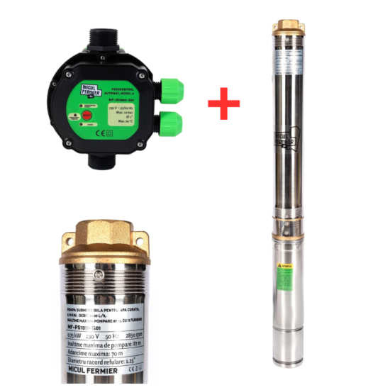 Pachet hidrofor - Pompa submersibila Micul Fermier,13 turbine, 0.75KW, debit 4500l/h, inaltime maxima 87m + Prescontrol automat Micul Fermier, racord 1 Tol, 1.5 kW