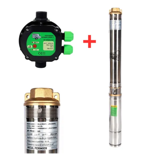 Pachet hidrofor - Pompa submersibila Micul Fermier,13 turbine, 0.75KW, debit 4500l/h, inaltime maxima 87m + Prescontrol automat Micul Fermier, racord 1 Tol, 1.5 kW