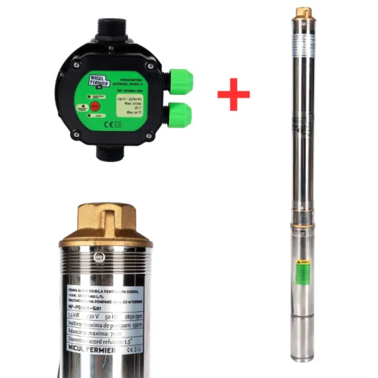 Pachet hidrofor - Pompa submersibila Micul Fermier, 19 turbine, 1.5KW, debit 5400l/h, inaltime maxima 150m + Prescontrol automat Micul Fermier, racord 1 Tol, 1.5 kW