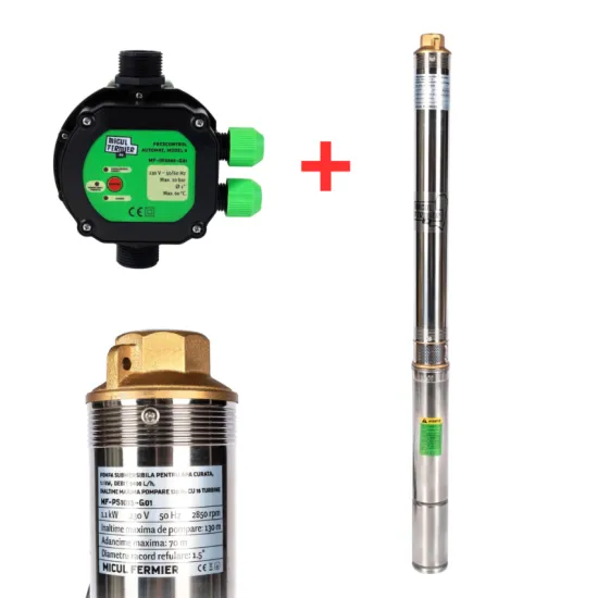 Pachet hidrofor - Pompa submersibila Micul Fermier, 16 turbine, 1.1KW, debit 5400l/h, inaltime maxima 130m + Prescontrol automat Micul Fermier, racord 1 Tol, 1.5 kW