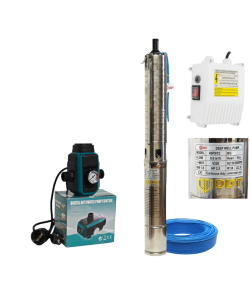 Pachet hidrofor - Pompa submersibilă DDT 4SP5/12 – 1.8 kW, 12 turbine inox, 8 m³/h, 90 m inaltimea de refulare + Presostat electronic inteligent digital reglabil 