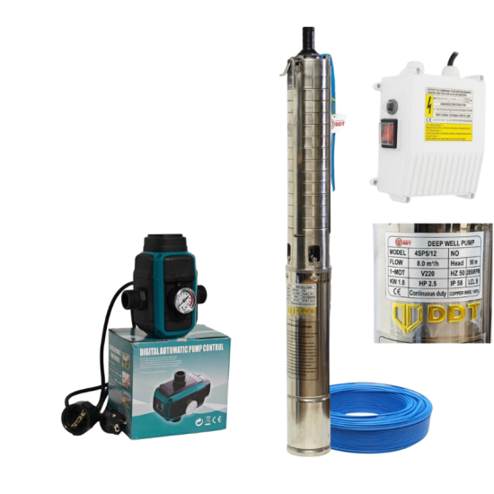 Pachet hidrofor - Pompa submersibilă DDT 4SP5/12 – 1.8 kW, 12 turbine inox, 8 m³/h, 90 m inaltimea de refulare + Presostat electronic inteligent digital reglabil