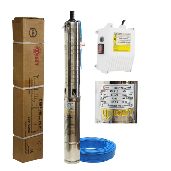 Pachet hidrofor - Pompa submersibilă DDT 4SP5/12 – 1.8 kW, 12 turbine inox, 8 m³/h, 90 m inaltimea de refulare + Presostat electronic inteligent digital reglabil