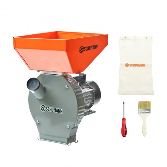 Moara electrica SCHUMANN, motor 3,9 kw, pentru cereale si stiuleti (2 in 1), Cuva Mare, 3000 rpm, 325 kg/h, 4 site de rezerva, 20 ciocanele