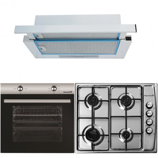Pachet incorporabil Cuptor electric Hausberg HB-8051IN, Clasa A, 76L, 2000W, Negru/Inox Plita Incorporabila HB-555, 4 arzatoare, Gaz, Inox Hota incorporabila telescopica HB-1280, Putere de absorbtie 280 m3/h, 1 motor, 60 cm, Alb