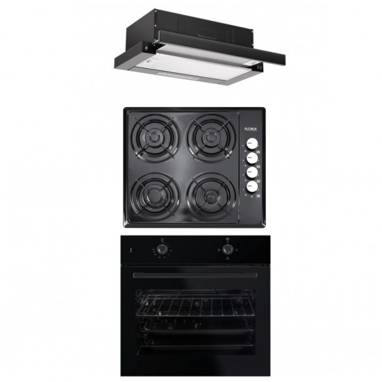 Pachet cuptor incorporabil (1857), capacitate 51L, electric, negru, plita incorporabila (1864), 60x50x6cm, gaz butelie sau gaz natural(duze de schimb incluse), hota 1 motor, putere 140W (1895), 60X50 cm