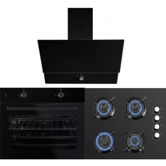 Pachet cuptor incorporabil (1857), capacitate 51l, electric, negru, plita incorporabila sticla (1871), 52x60x15 cm, gaz butelie sau gaz natural (duze de schimb incluse), hota incorporabila decorativa, 60 cm (1888)