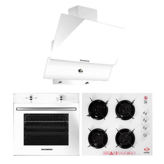 Pachet Incorporabil Cuptor electric Hausberg HB-8051AB, Clasa A, 76L, 2000W, Alb,Plita incorporabila Hausberg HB-563AB, Gaz, 4 arzatoare, Alb, Hota Incorporabila decorativa Hausberg HB-2285AB, 60 cm, Filtru aluminiu, Alb
